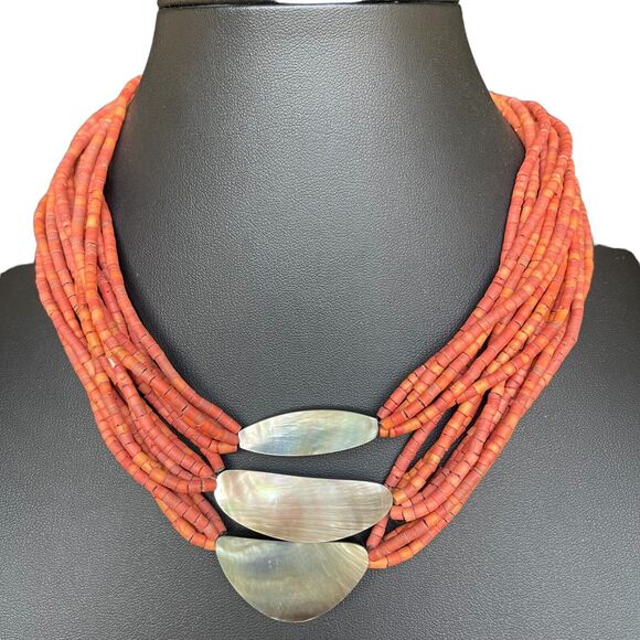 Mother of Pearl Pendant Multi Strand Wood Beads Artisan Boho Necklace 17-20”